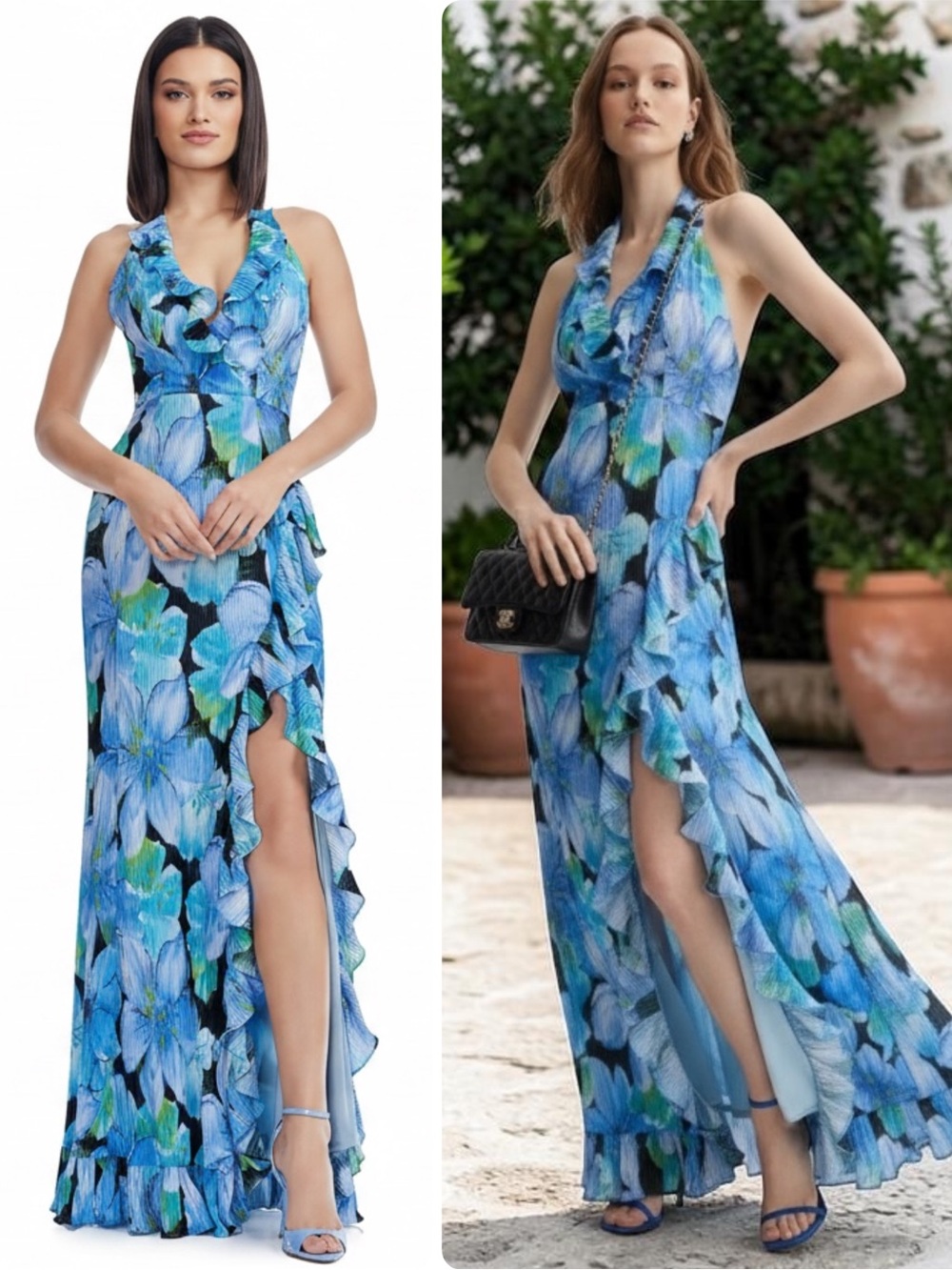 Dress the Population Kathleen Cobalt Blue Ruffle Halter Maxi Dress NWOT $278